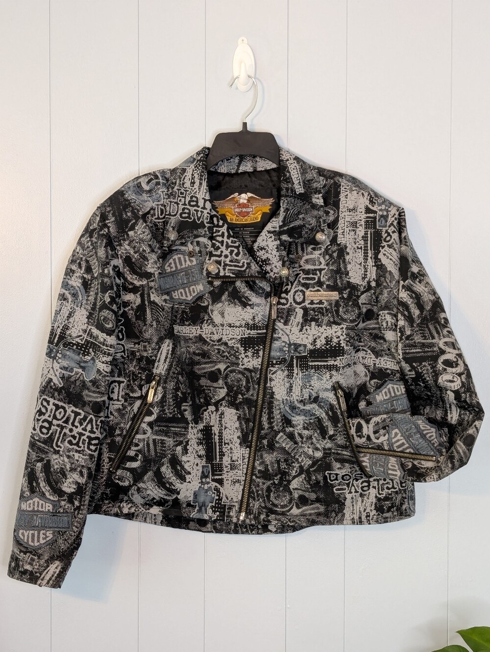 Harley-Davidson Black & Gray Graphic Print Vintage Canvas Moto Jacket - Women